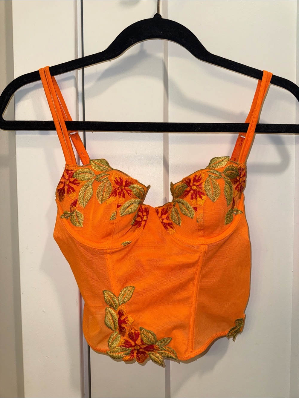 Orange Floral Embroidered Crop Bustier Top